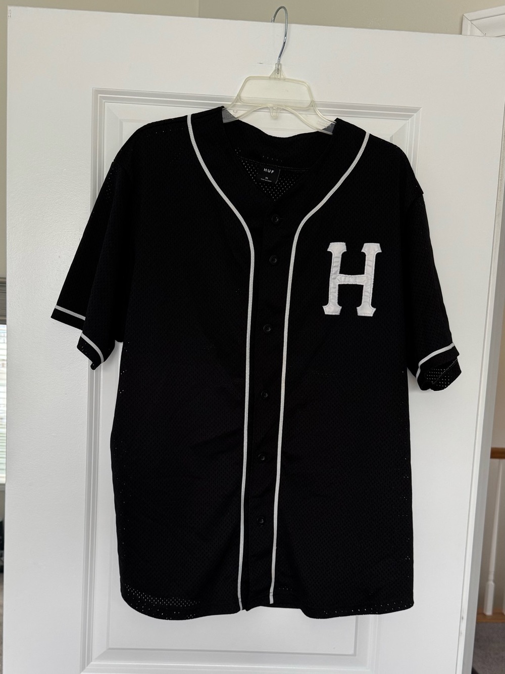 HUF Black Baseball Jersey with White H Patch